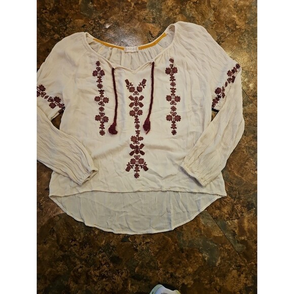 Alter'd State Blouse thin Long Sleeve Beige Maroon Embroideredflowy Medium (A70) - Picture 6 of 6